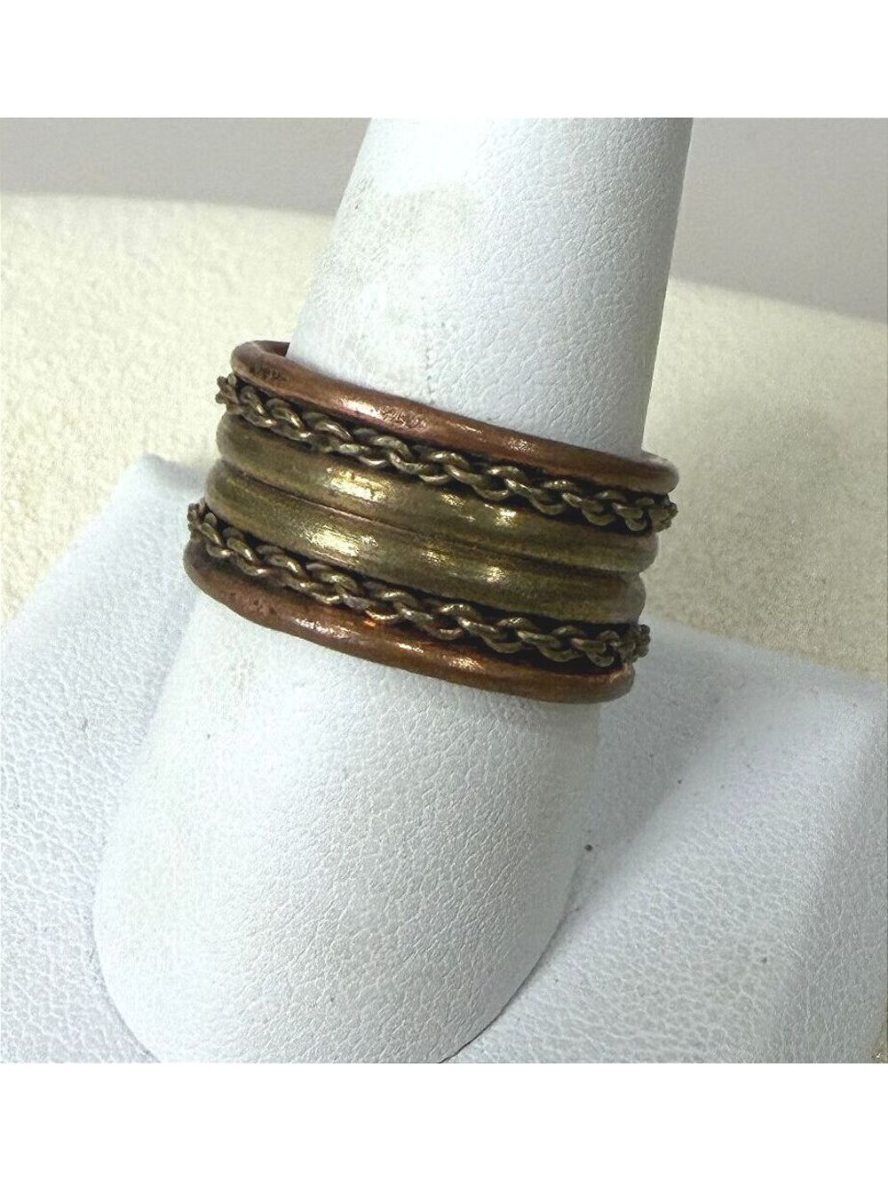 Vintage Wide Band Two-Tone Copper and Brass Chain Accent Ring Size 9.5+
